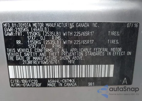 2016 Toyota Rav4 Xle z USA, uszkodzony, nr VIN 2T3RFREV1GW516761